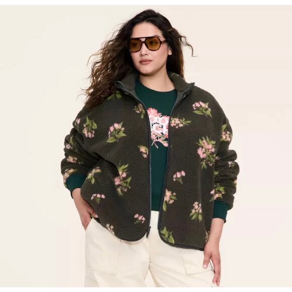 Floral Zip-Up Fleece Jacket - Woolrich Olive Green M - Picture 2 of 4